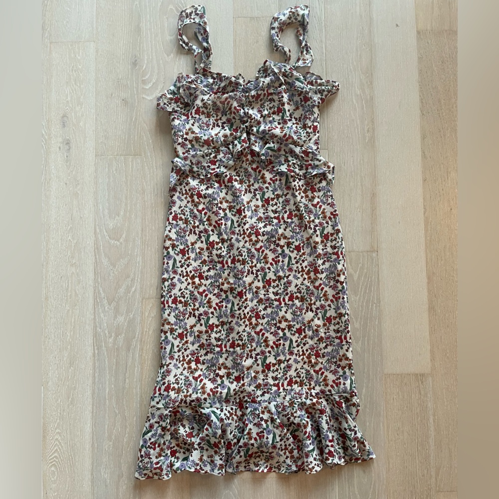 Dress Forum Floral Midi Dress in Cream with Red & Green Accents